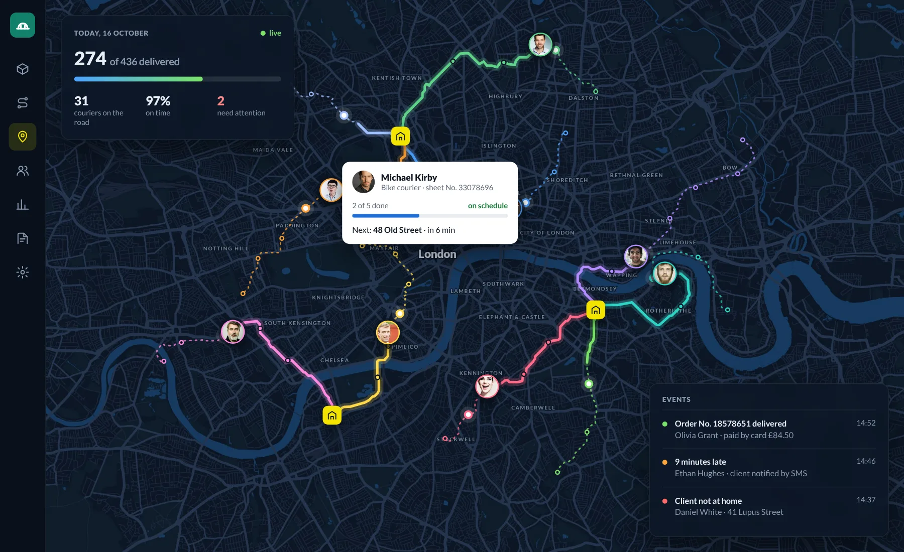 Map of London with every courier on the road, their routes and today’s events