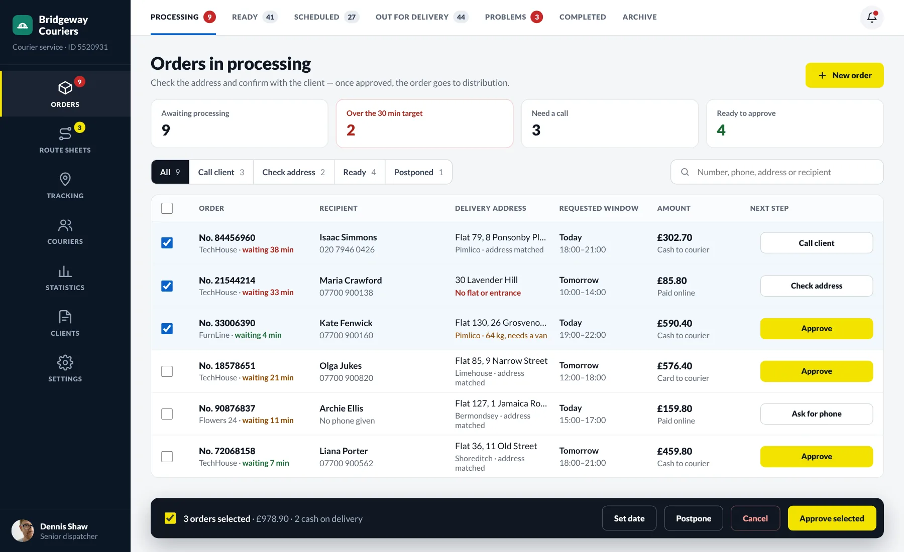 Orders in processing with status, waiting time and the next step for each order